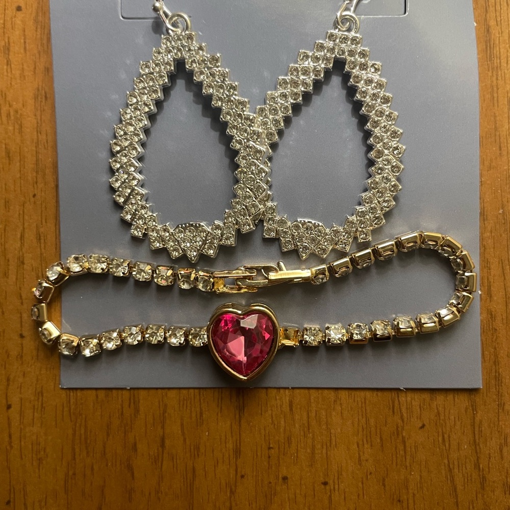 Rhinestone Teardrop Earrings & Heart Tennis Bracelet Set